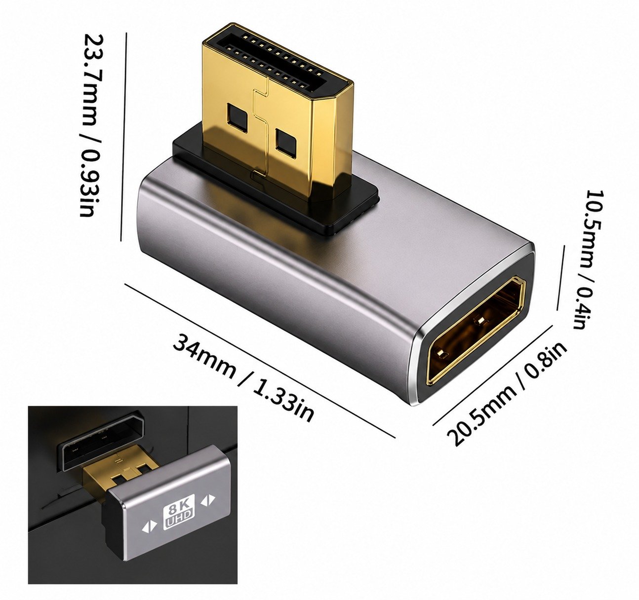 מתאם זוויתי DisplayPort 1.4 זכר לנקבה בזווית שמאל
